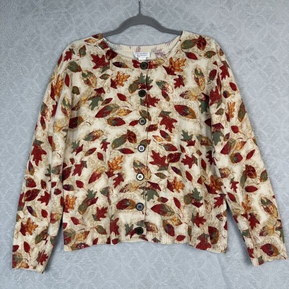 Vtg Fall Leaves Cardigan Sweater Womens Large Autumn Y2K Cottagecore Cotton Wool - Picture 1 of 10